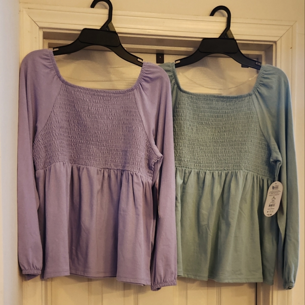 Set of Two Smocked Long Sleeve Tops in Green and Purple